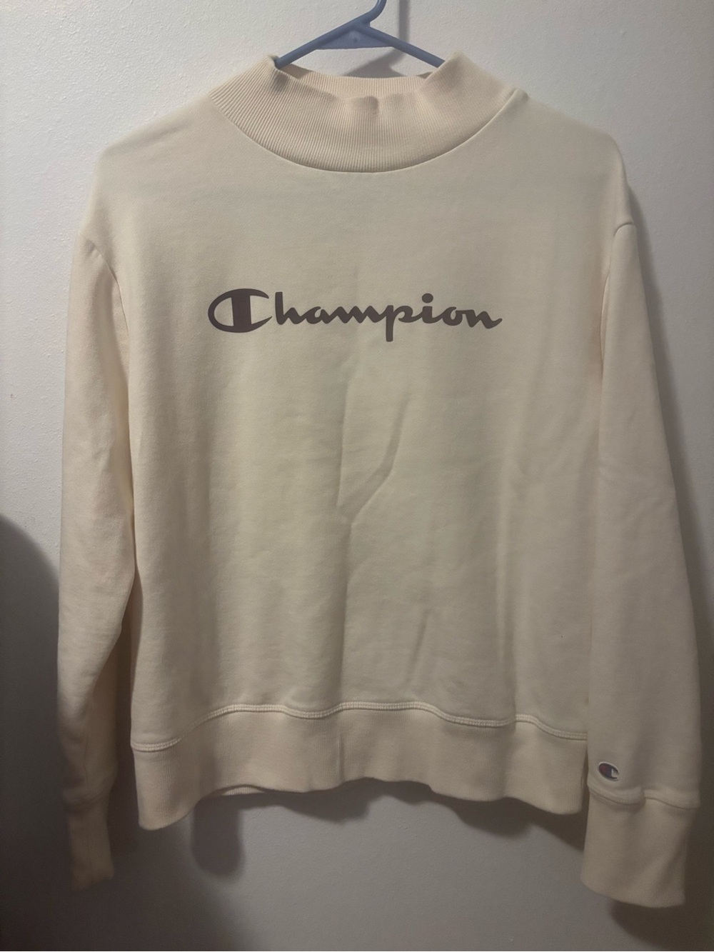 Champion Cream Mock Neck Sweatshirt with Brown Logo